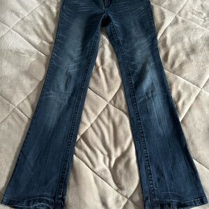 Blue Flare Wide Leg Jeans with Distressed Look